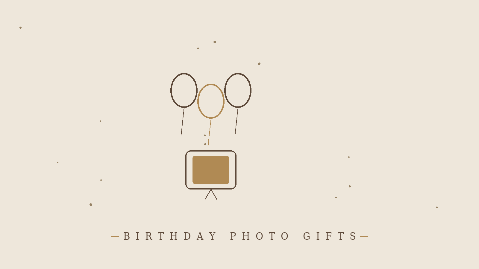 Minimalist line-art illustration of birthday balloons and a small photo frame