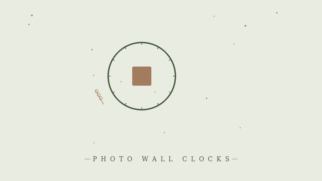 Minimalist line-art illustration of a wall clock with a photo at its center