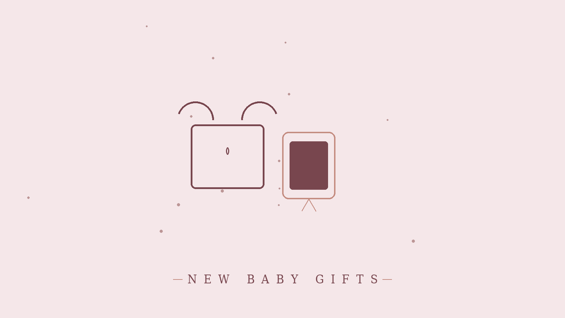Minimalist line-art illustration of a baby onesie and a small photo frame for a new baby gift guide