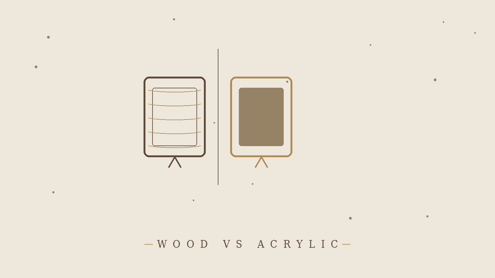 Minimalist line-art illustration comparing a wood-grain frame and a clean acrylic frame