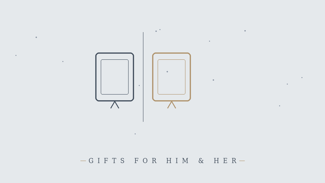 Minimalist line-art illustration of two photo frames split by a center line for a gifts-for-him-and-her guide