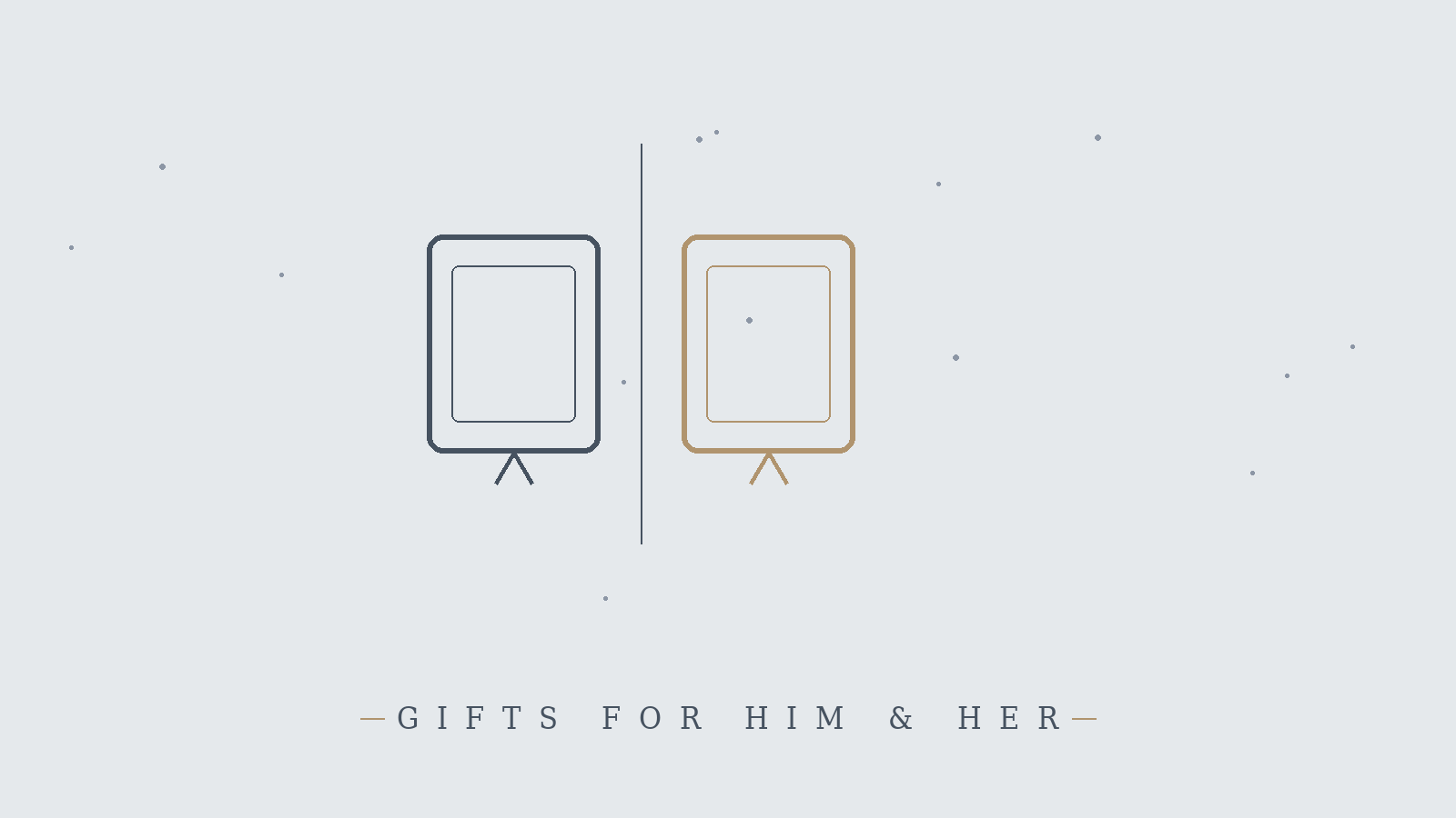 Minimalist line-art illustration of two photo frames split by a center line for a gifts-for-him-and-her guide