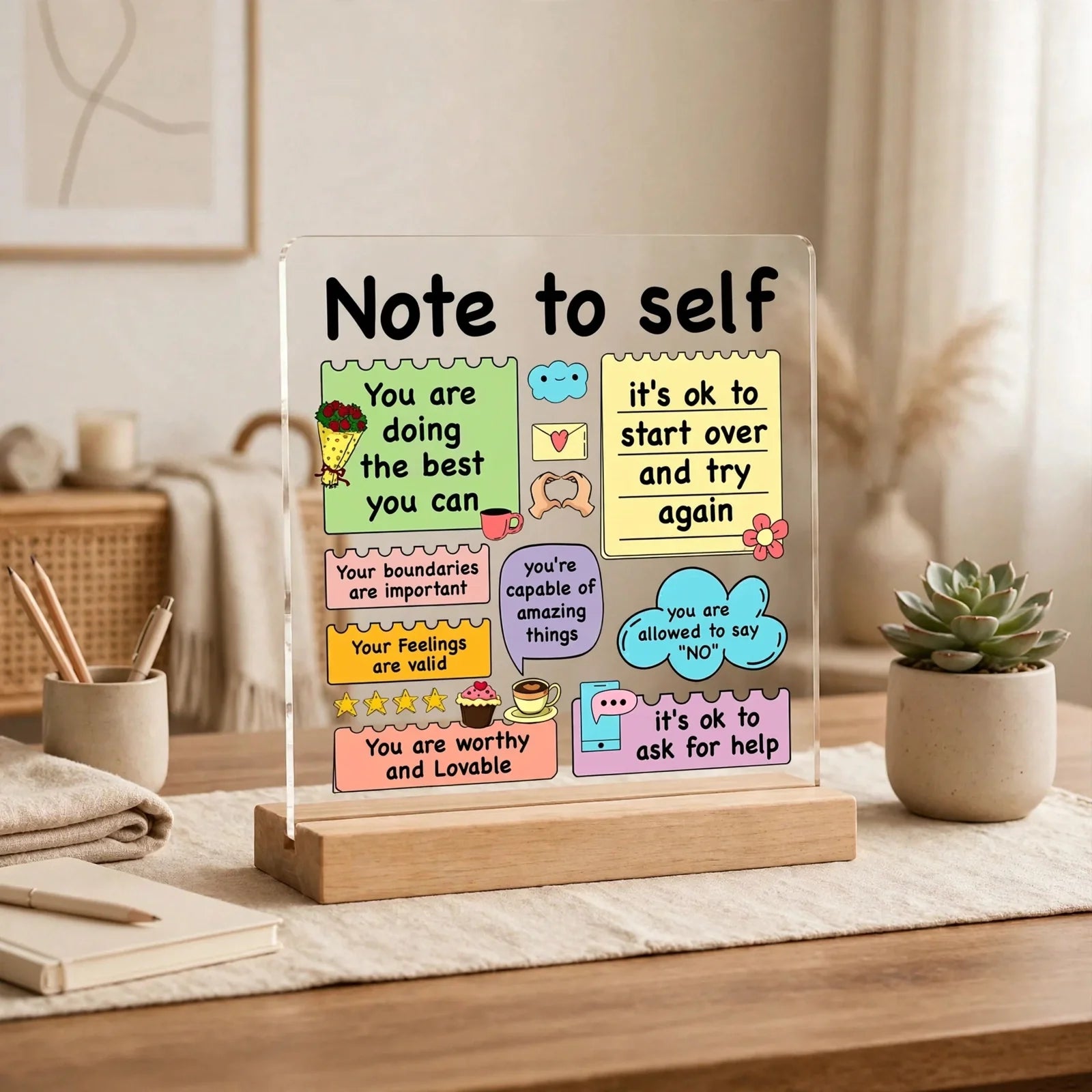 Note to Self motivational acrylic desk sign on a work desk