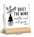 Quiet the Mind Buddha acrylic desk plaque with wooden stand