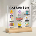God Says I Am scripture affirmations acrylic desk plaque with wooden stand