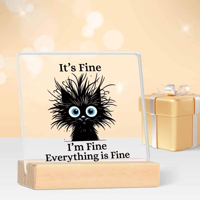 It's fine frazzled black cat acrylic desk plaque with wooden stand