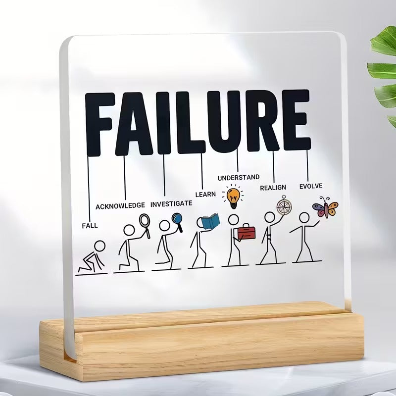 Failure growth steps stick figure acrylic desk plaque with wooden stand