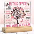 In This Office We Are A Team pink tree acrylic desk plaque with wooden stand
