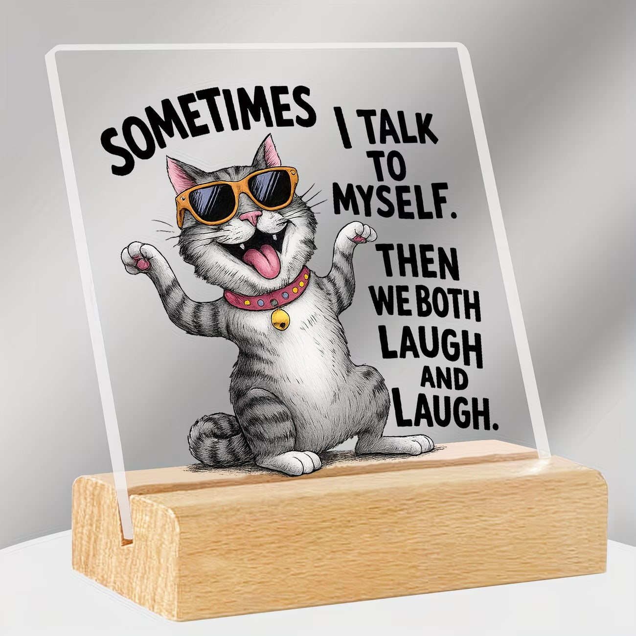 Sometimes I talk to myself funny sunglasses cat acrylic desk plaque with wooden stand