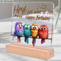 Happy birthday colorful birds acrylic desk plaque with wooden stand