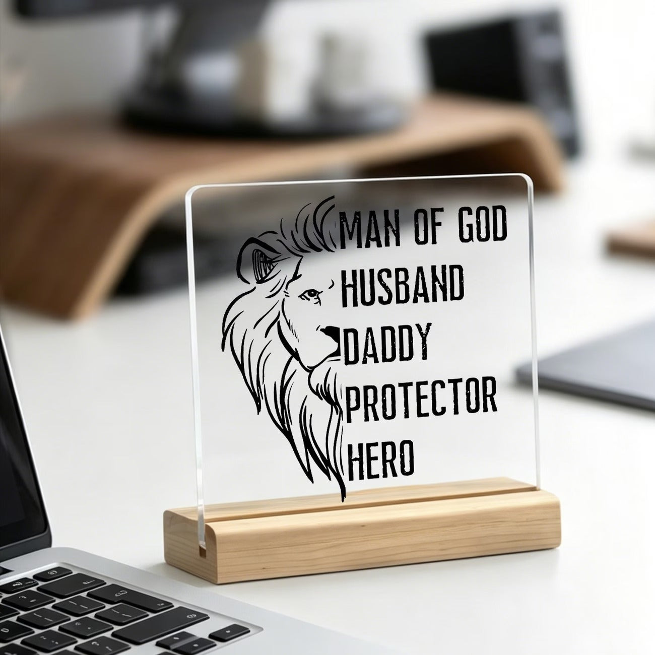 Man of God Husband Daddy Protector Hero acrylic desk plaque with wooden stand
