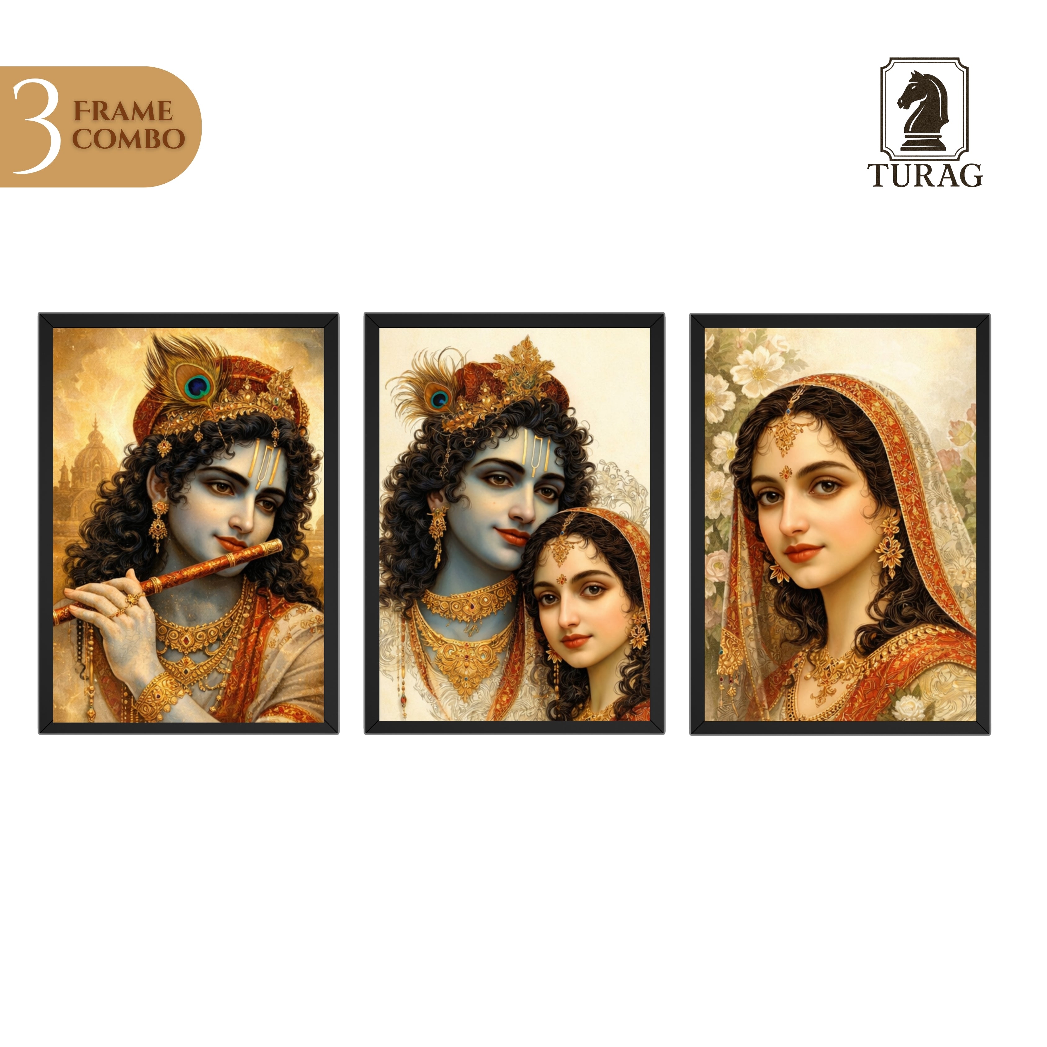 Radha Krishna 3 Frame Wall Art Combo | 9×13 Inch Premium HD Photo Frames for Home & Mandir Décor