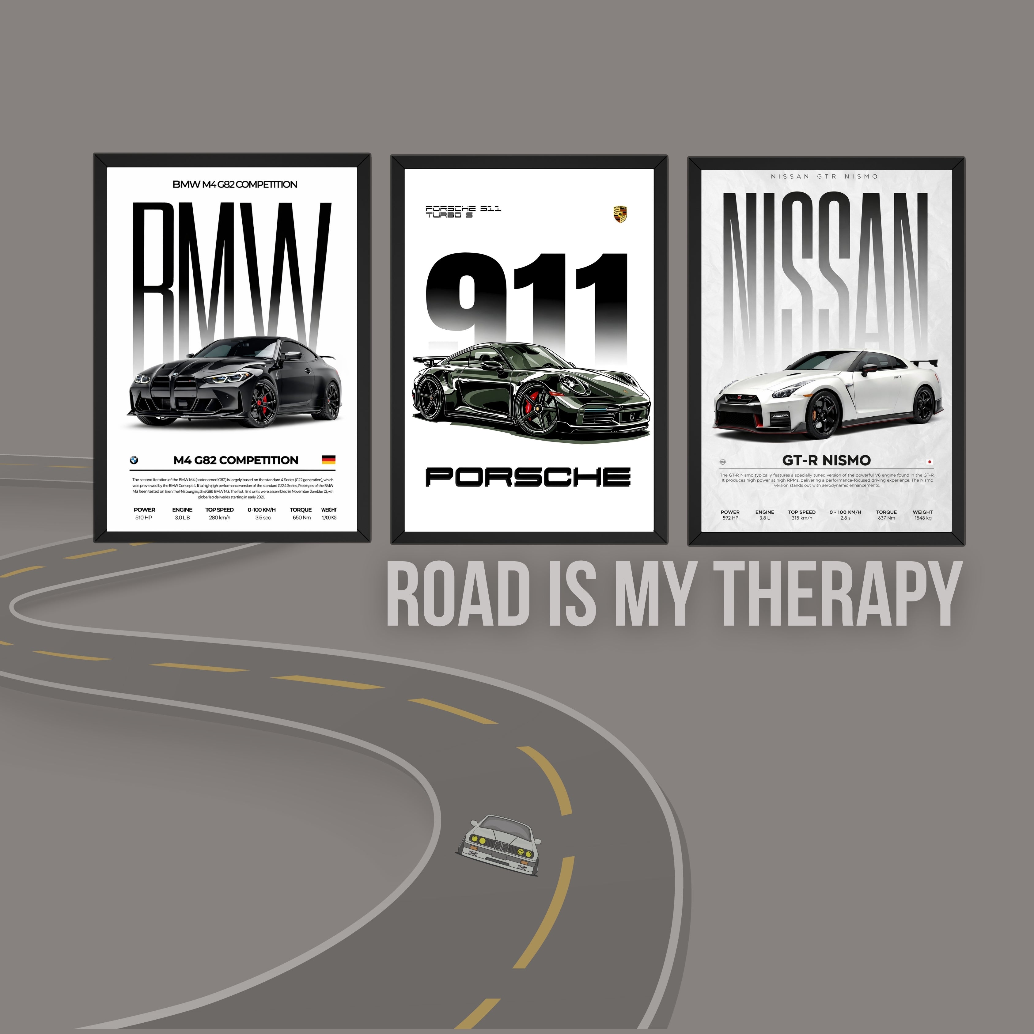 Luxury Supercar Wall Photo Frame Set | BMW M4, Porsche 911 & Nissan GTR Nismo | 300 DPI HD Print