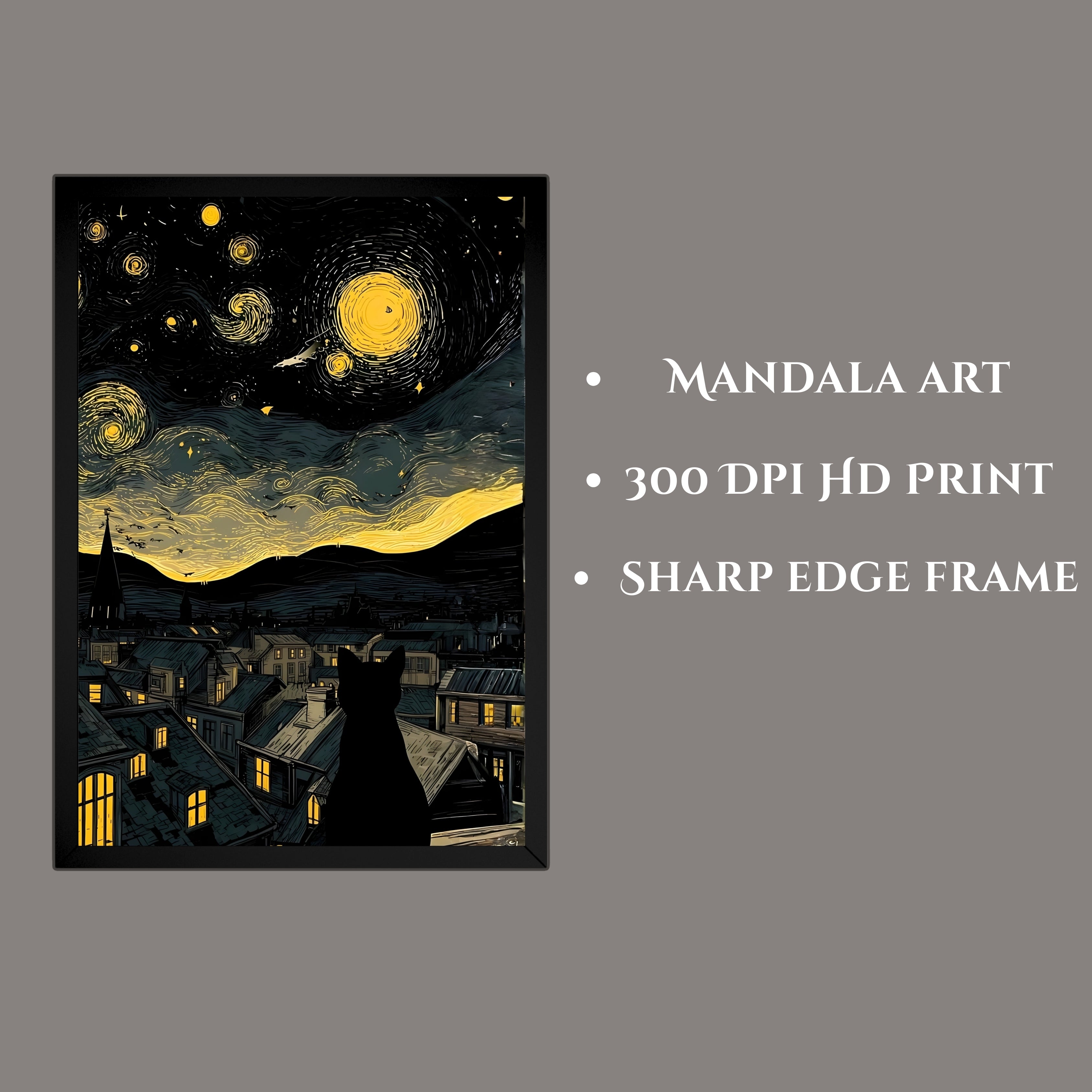 Starry Night Cat Wall Art – 3 Panel Artwork Framed Set (9×13 Inch Each)