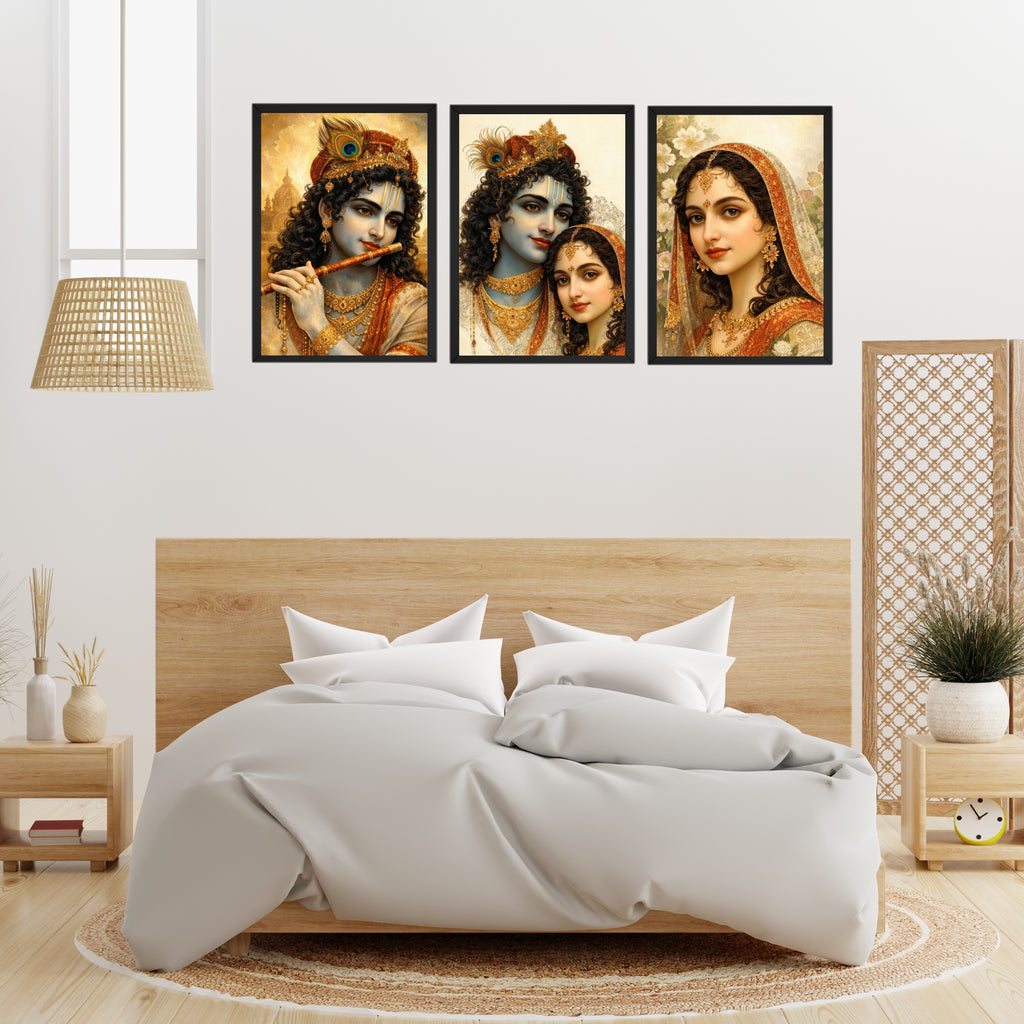 Radha Krishna 3 Frame Wall Art Combo | 9×13 Inch Premium HD Photo Frames for Home & Mandir Décor