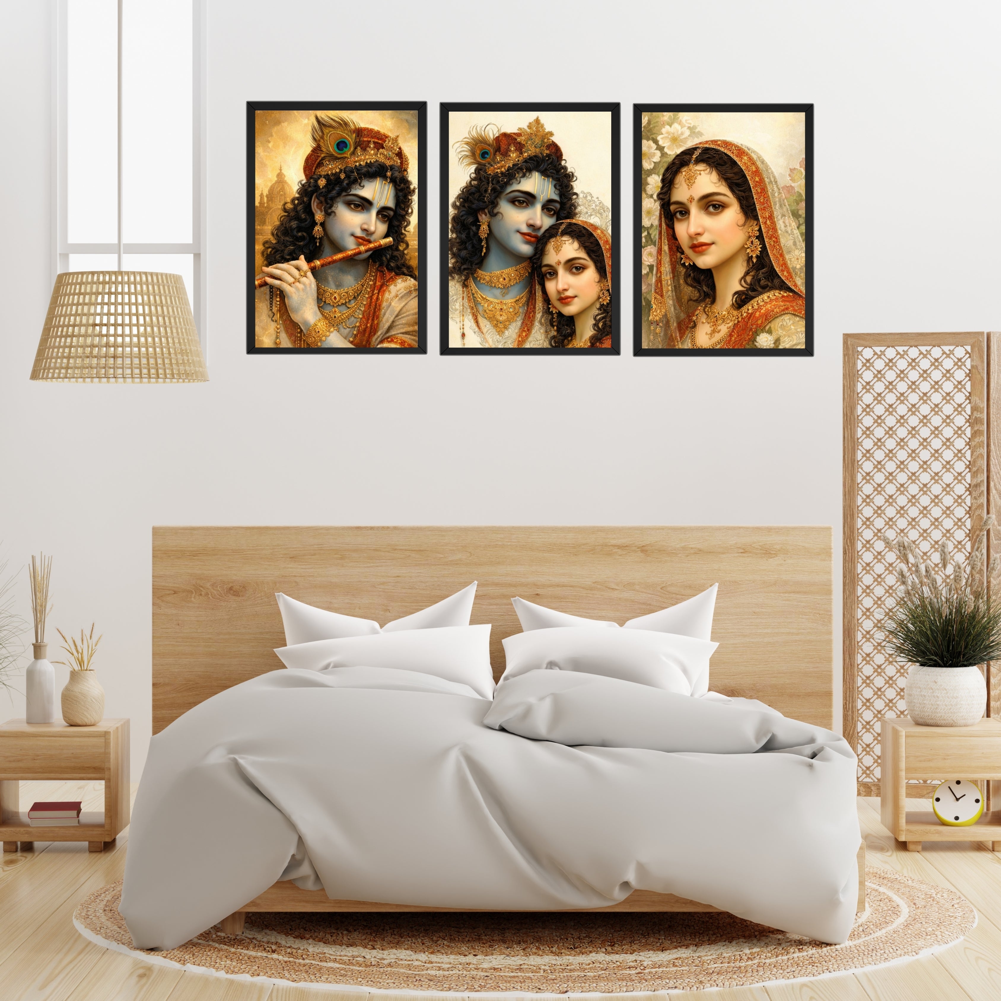 Radha Krishna 3 Frame Wall Art Combo | 9×13 Inch Premium HD Photo Frames for Home & Mandir Décor