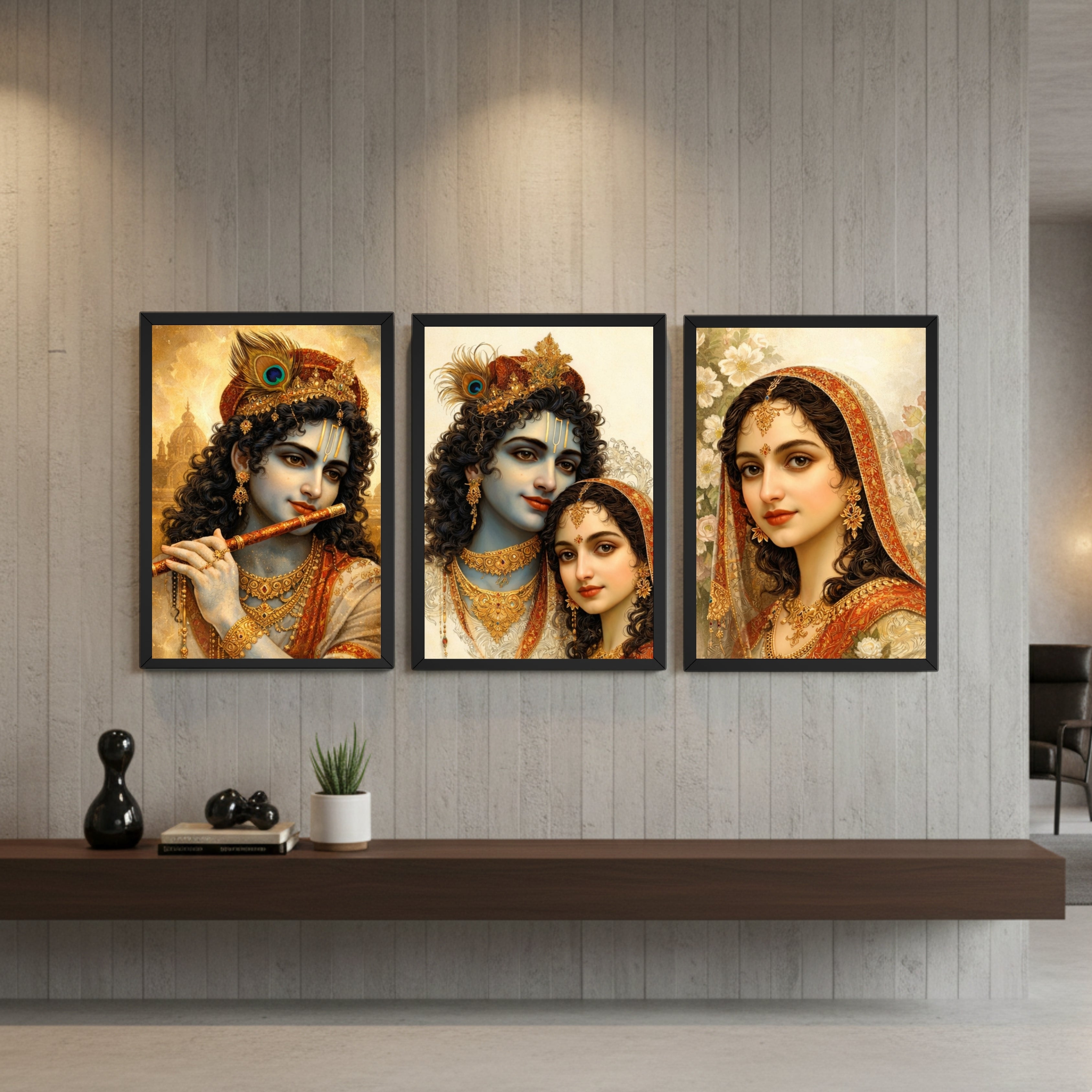 Radha Krishna 3 Frame Wall Art Combo | 9×13 Inch Premium HD Photo Frames for Home & Mandir Décor