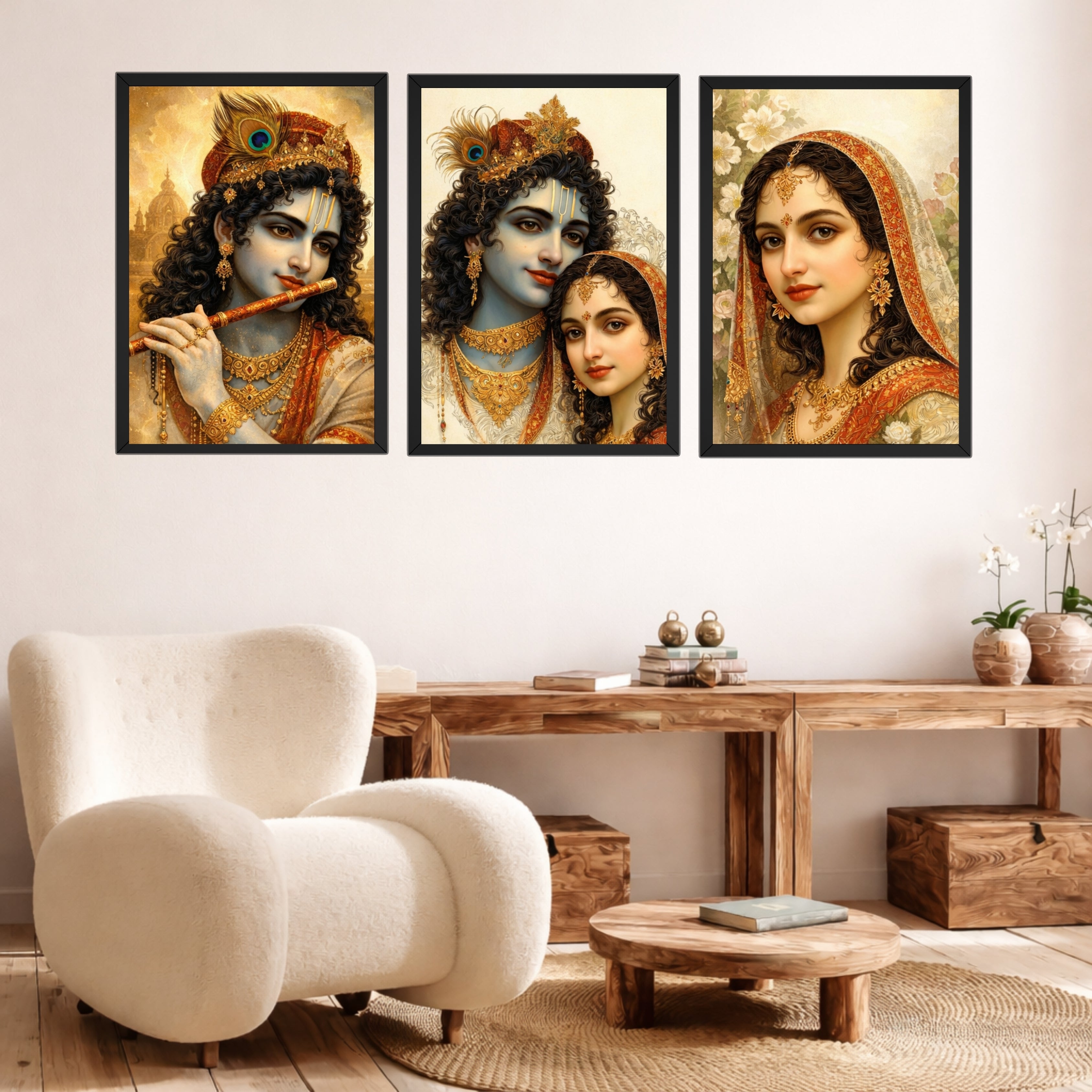 Radha Krishna 3 Frame Wall Art Combo | 9×13 Inch Premium HD Photo Frames for Home & Mandir Décor