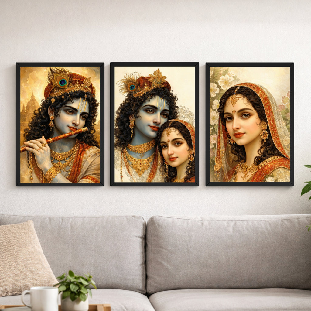Radha Krishna 3 Frame Wall Art Combo | 9×13 Inch Premium HD Photo Frames for Home & Mandir Décor