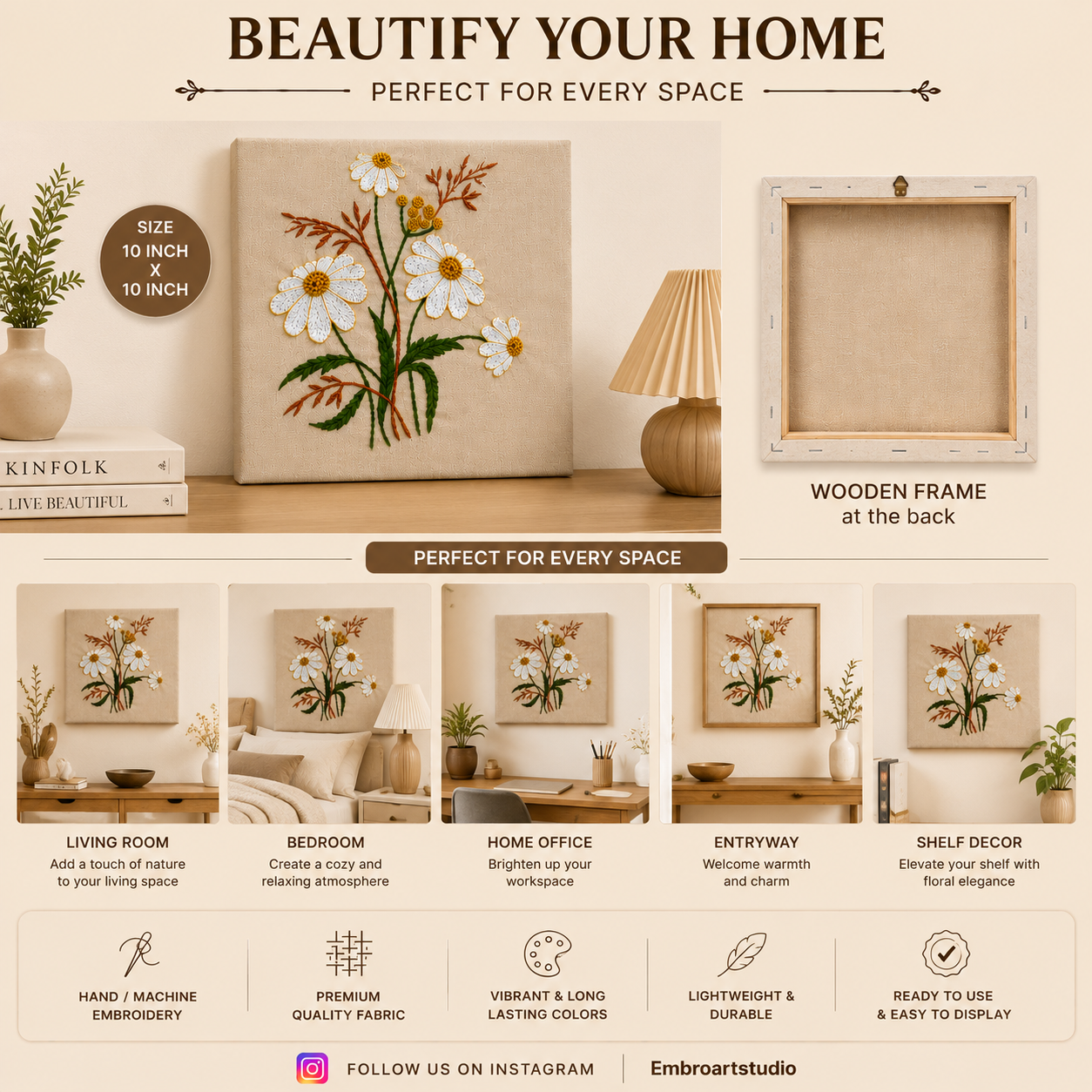 Handmade Daisy Floral Embroidery Wall Art Frame – Fabric Wall Hanging Decor