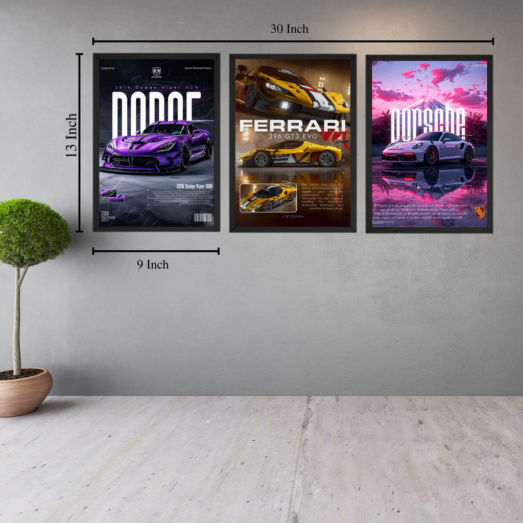 Luxury Supercar Poster Frames Set of 3 – 9×13 Inch Wall Décor