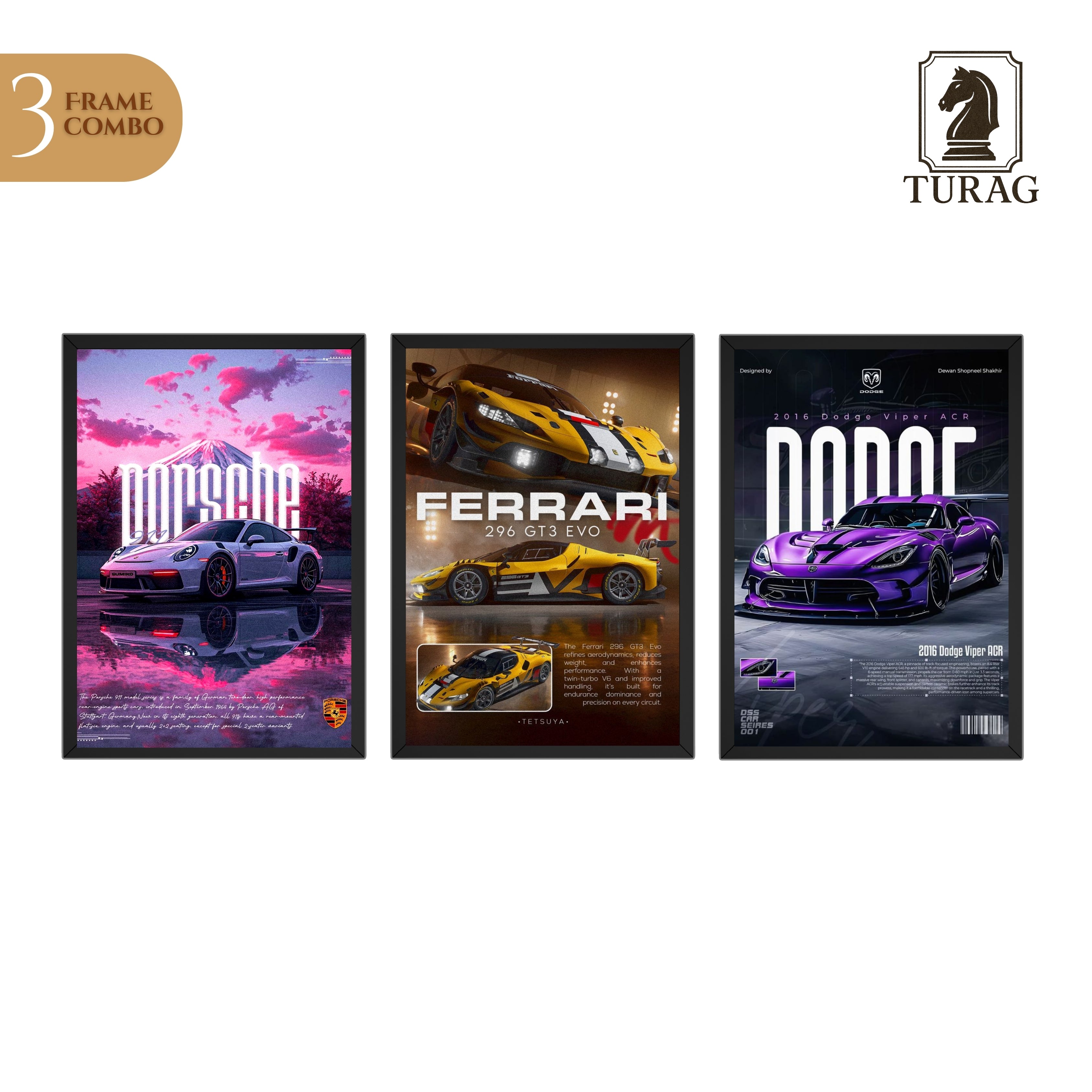 Luxury Supercar Poster Frames Set of 3 – 9×13 Inch Wall Décor