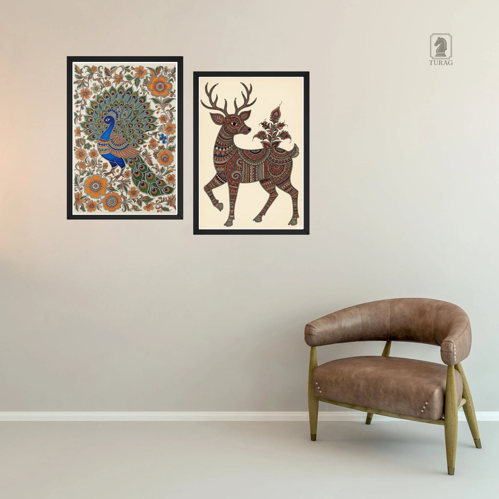 Madhubani Folk Art Framed Wall Décor – Peacock & Deer (Set of 2) Turagstudio