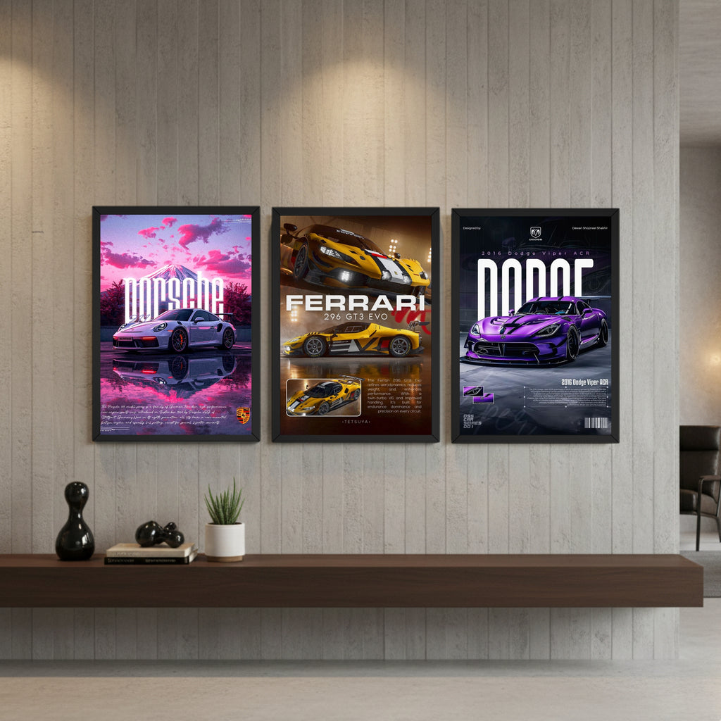 Luxury Supercar Poster Frames Set of 3 – 9×13 Inch Wall Décor