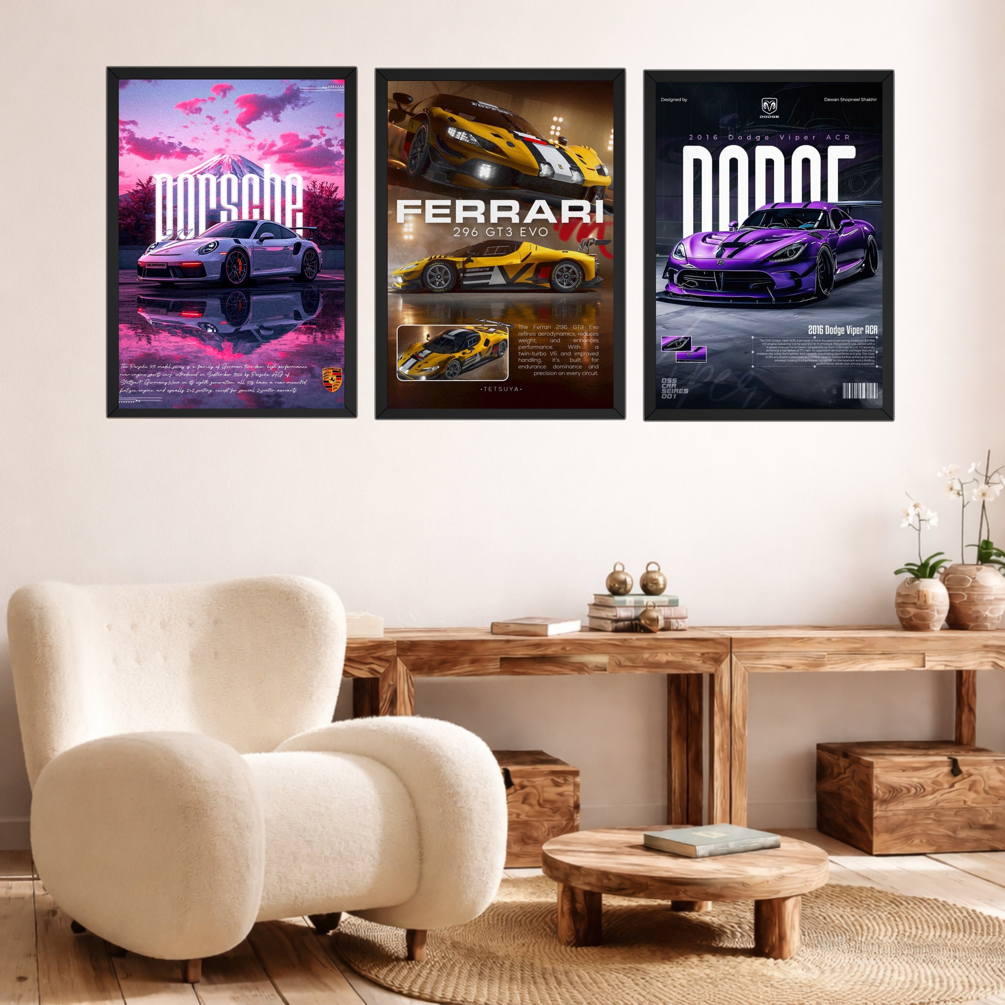 Luxury Supercar Poster Frames Set of 3 – 9×13 Inch Wall Décor