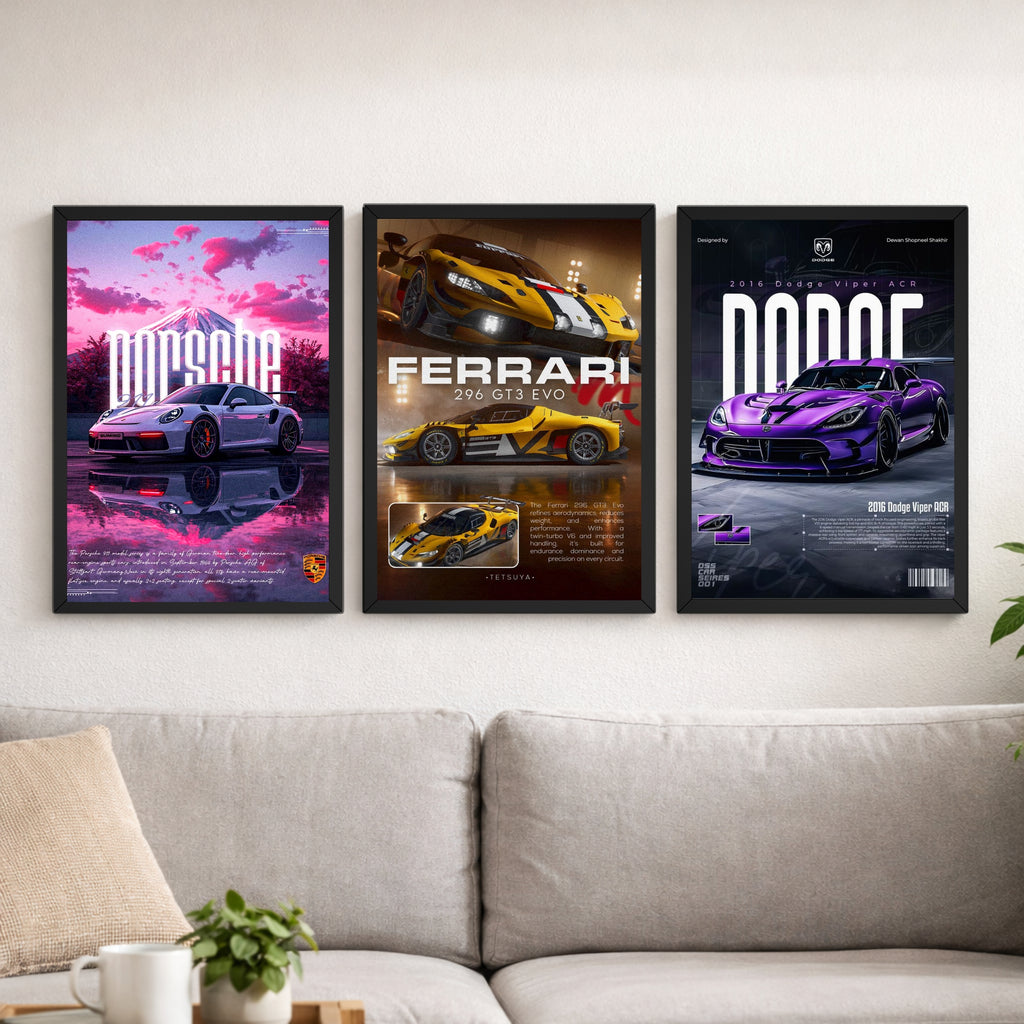 Luxury Supercar Poster Frames Set of 3 – 9×13 Inch Wall Décor
