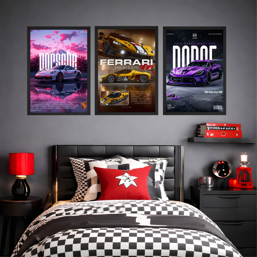 Luxury Supercar Poster Frames Set of 3 – 9×13 Inch Wall Décor