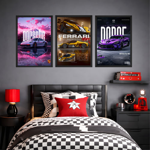 Luxury Supercar Poster Frames Set of 3 – 9×13 Inch Wall Décor