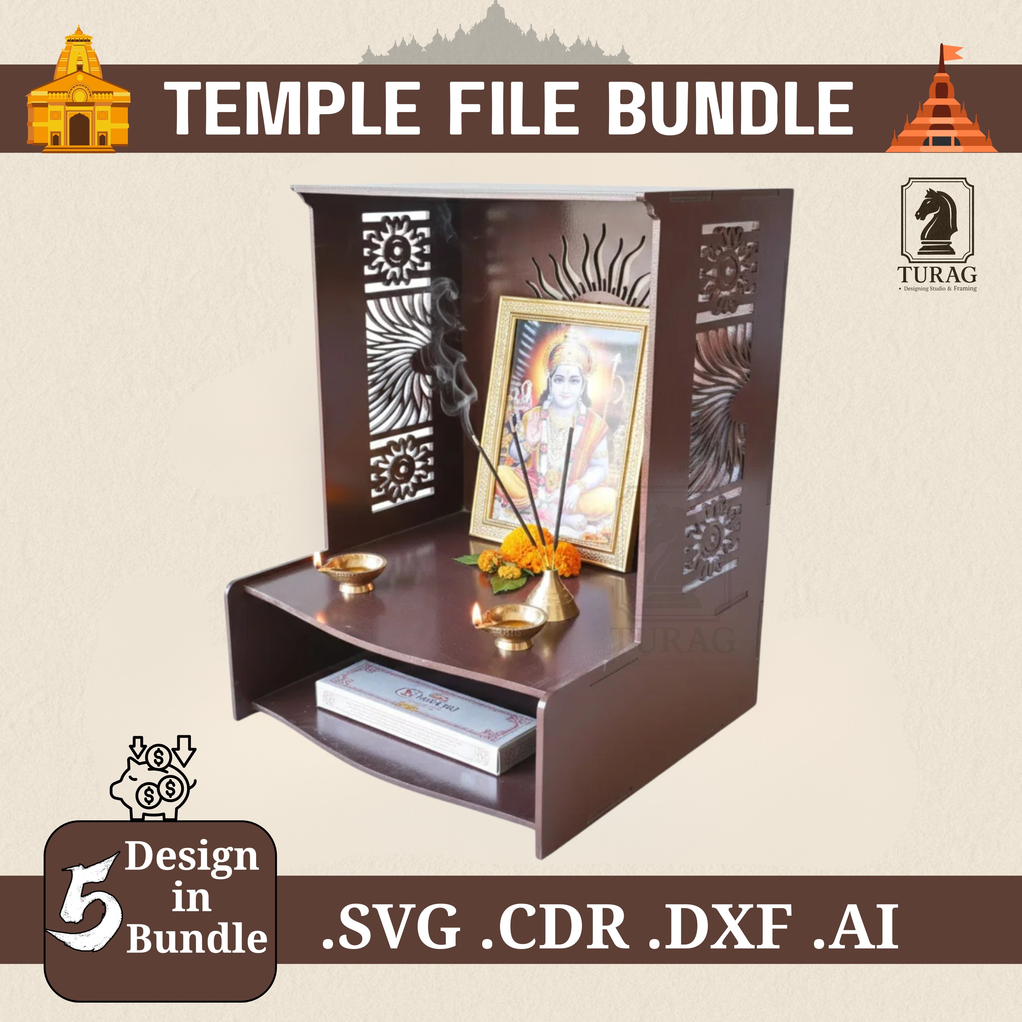 Temple File Bundle - 5 Design in Bundle Cdr, Svg, Dxf, Ai Turagstudio