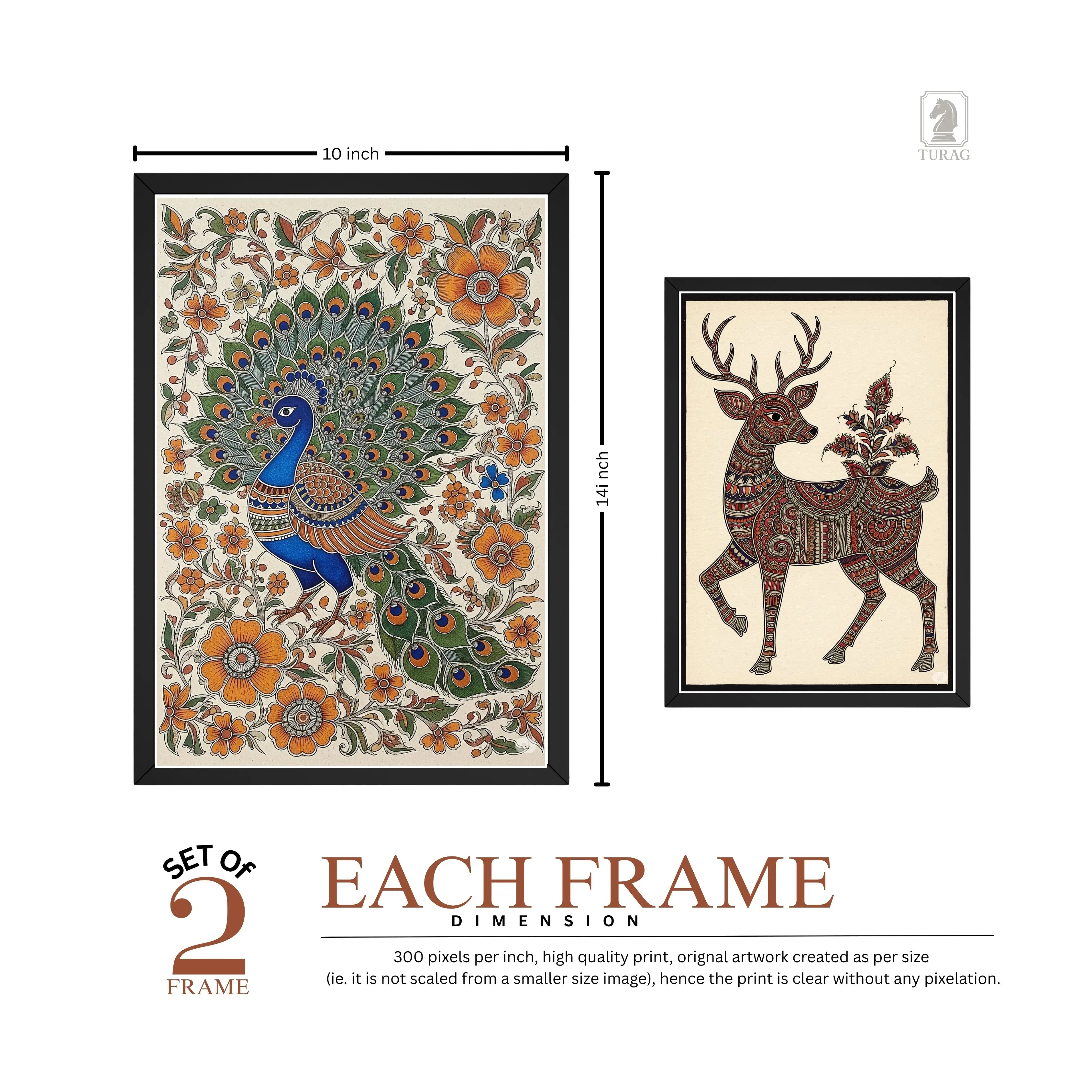 Madhubani Folk Art Framed Wall Décor – Peacock & Deer (Set of 2) Turagstudio
