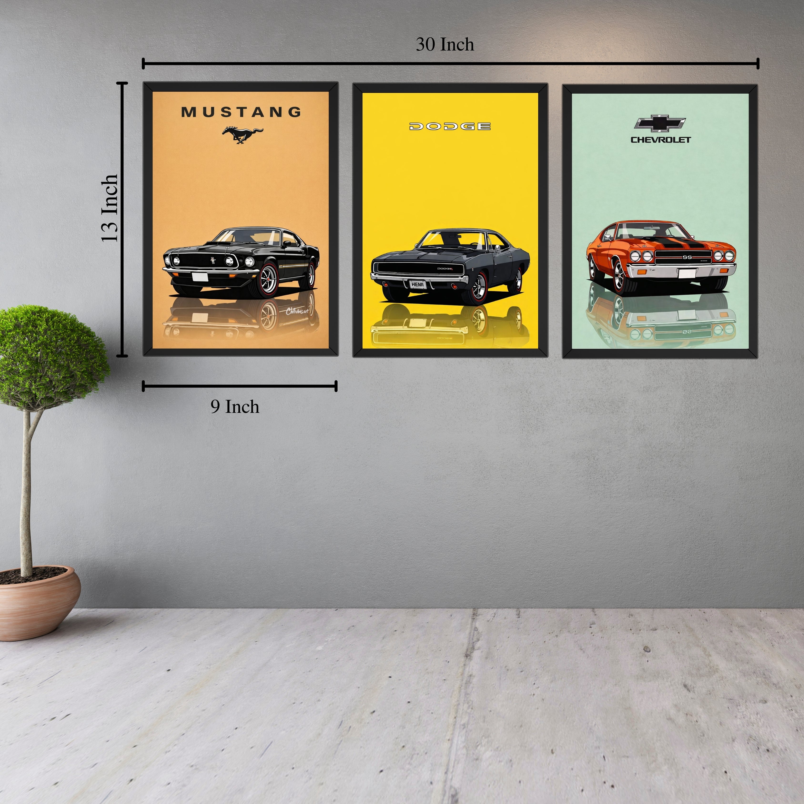 Classic Muscle Car Wall Art – 3 Panel Picture Frame Set (9 × 13 Inch) Turagstudio