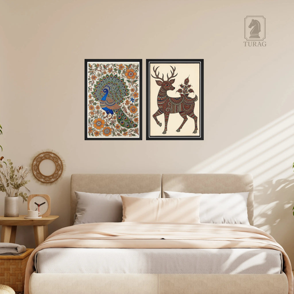 Madhubani Folk Art Framed Wall Décor – Peacock & Deer (Set of 2) Turagstudio