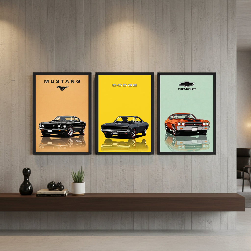 Classic Muscle Car Wall Art – 3 Panel Picture Frame Set (9 × 13 Inch) Turagstudio