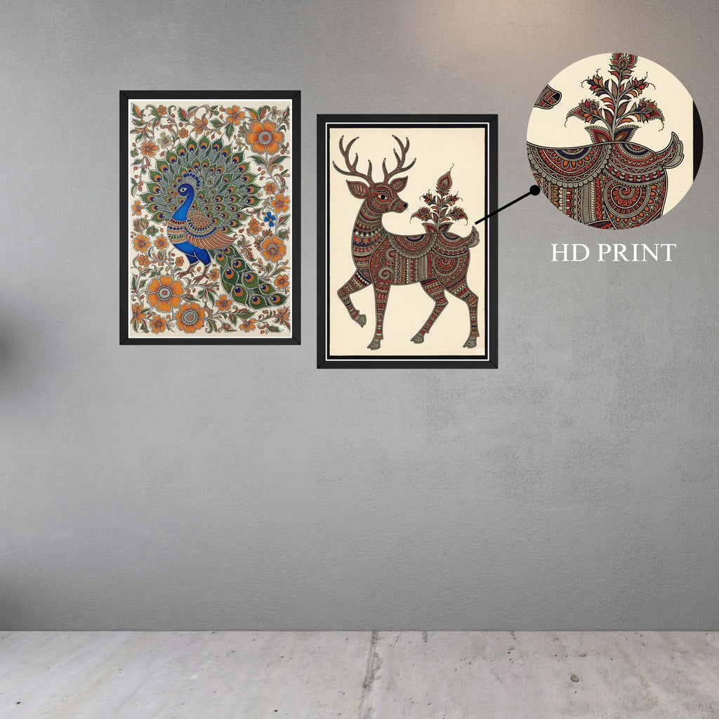 Madhubani Folk Art Framed Wall Décor – Peacock & Deer (Set of 2) Turagstudio
