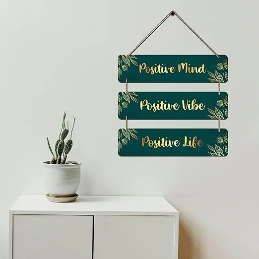 Positive Mind • Positive Vibe • Positive Life – MDF Wall Hanging with Gold Rope Turagstudio