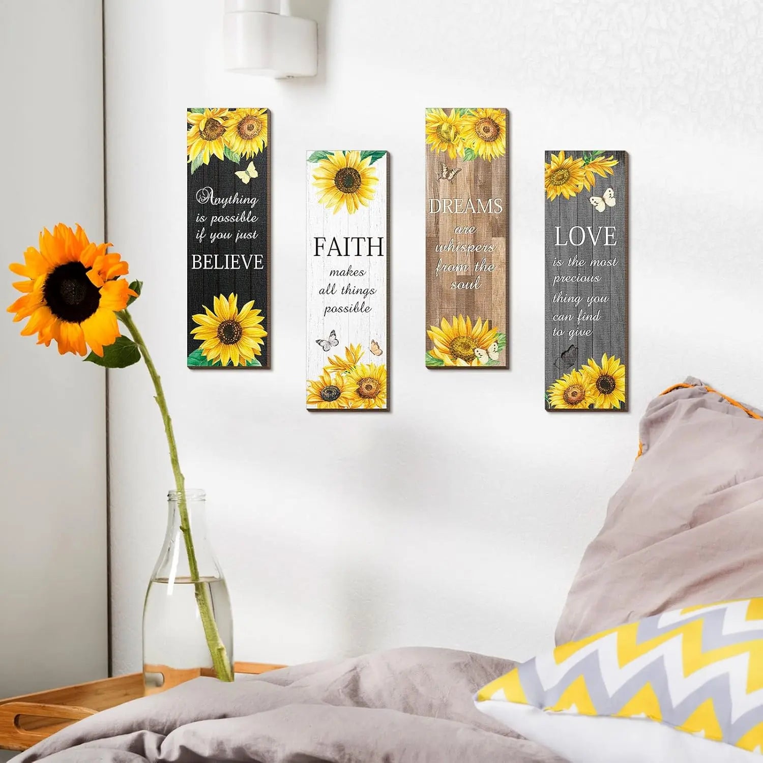 Sunflower Quote Wall Décor – Faith, Love & Dreams Inspirational Mdf Panels Turagstudio