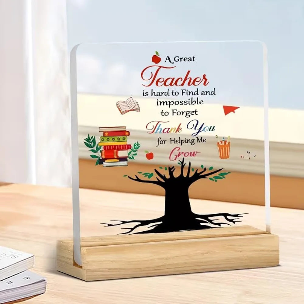 Bs amor Teacher Appreciation Plaque, Acrylic Desk Decoration with Wooden Base, Heartfelt Thank You Gift, 12.5x10cm
