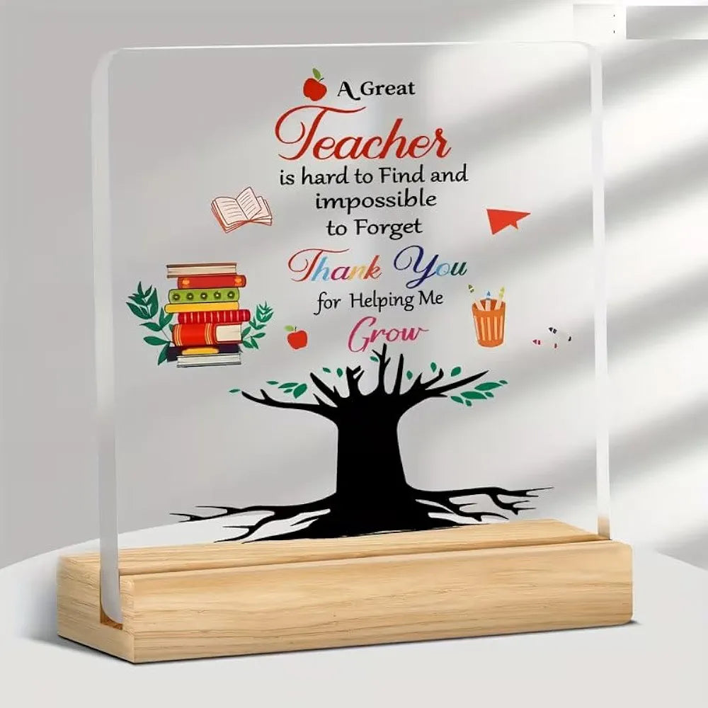Bs amor Teacher Appreciation Plaque, Acrylic Desk Decoration with Wooden Base, Heartfelt Thank You Gift, 12.5x10cm