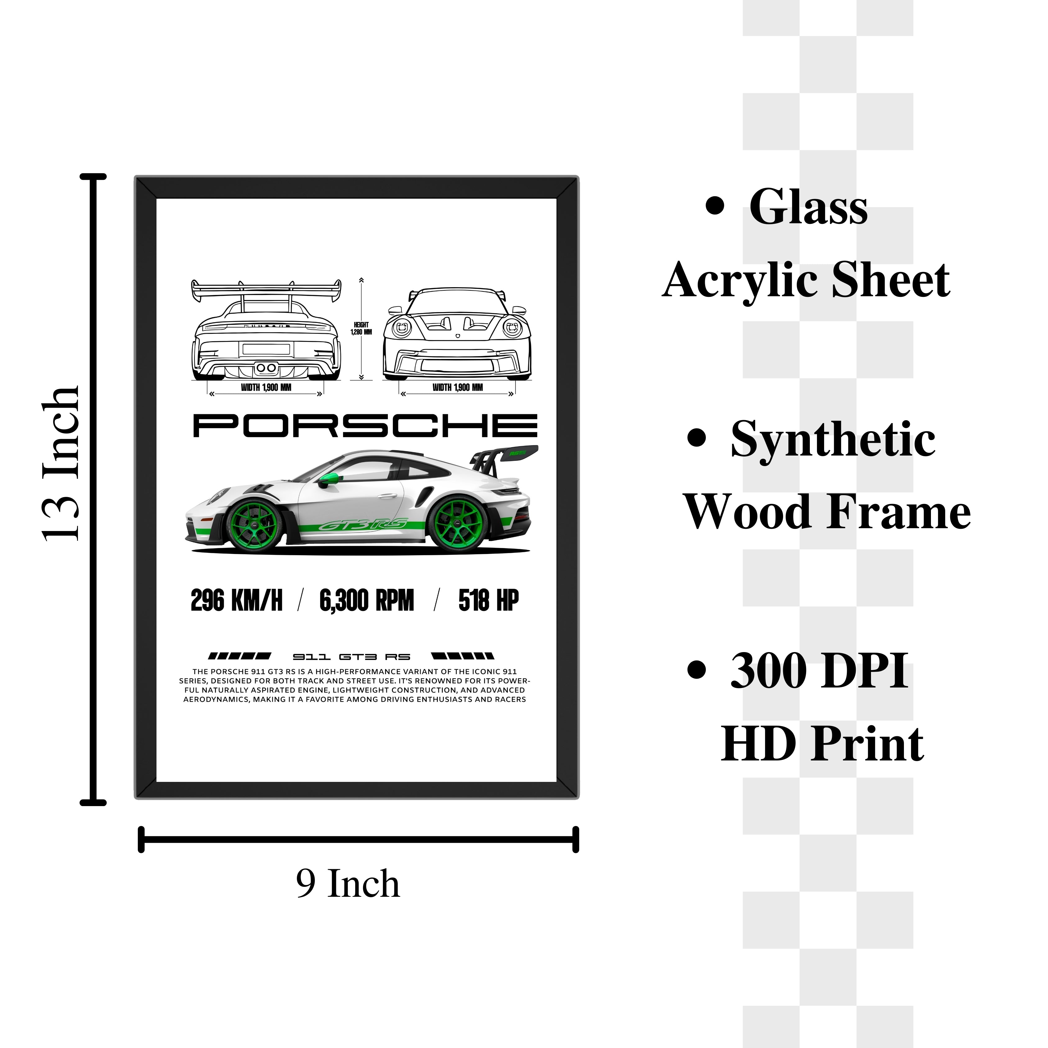 Porsche 911 GT3 RS Framed Wall Art (13×9 Inch) Turagstudio
