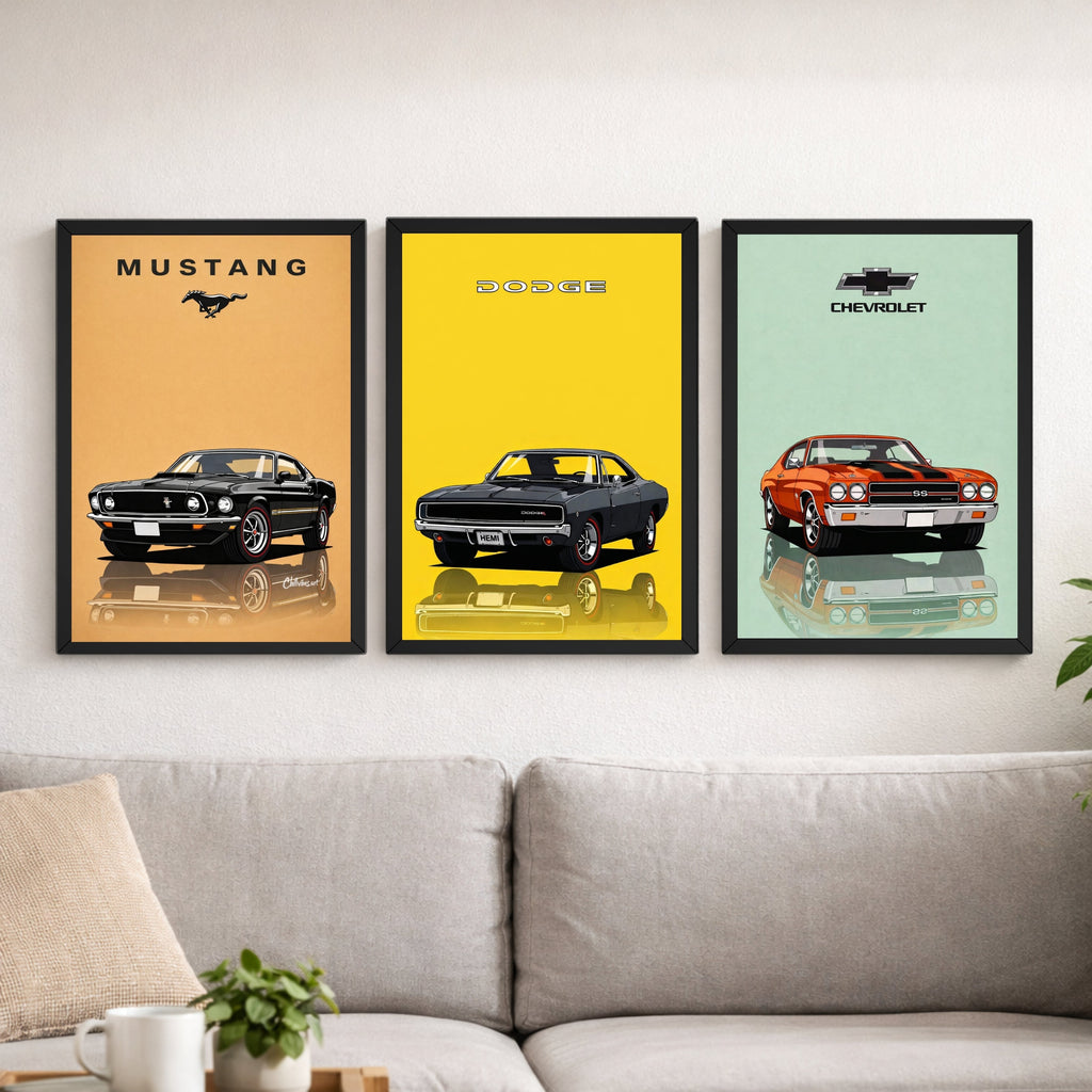 Classic Muscle Car Wall Art – 3 Panel Picture Frame Set (9 × 13 Inch) Turagstudio