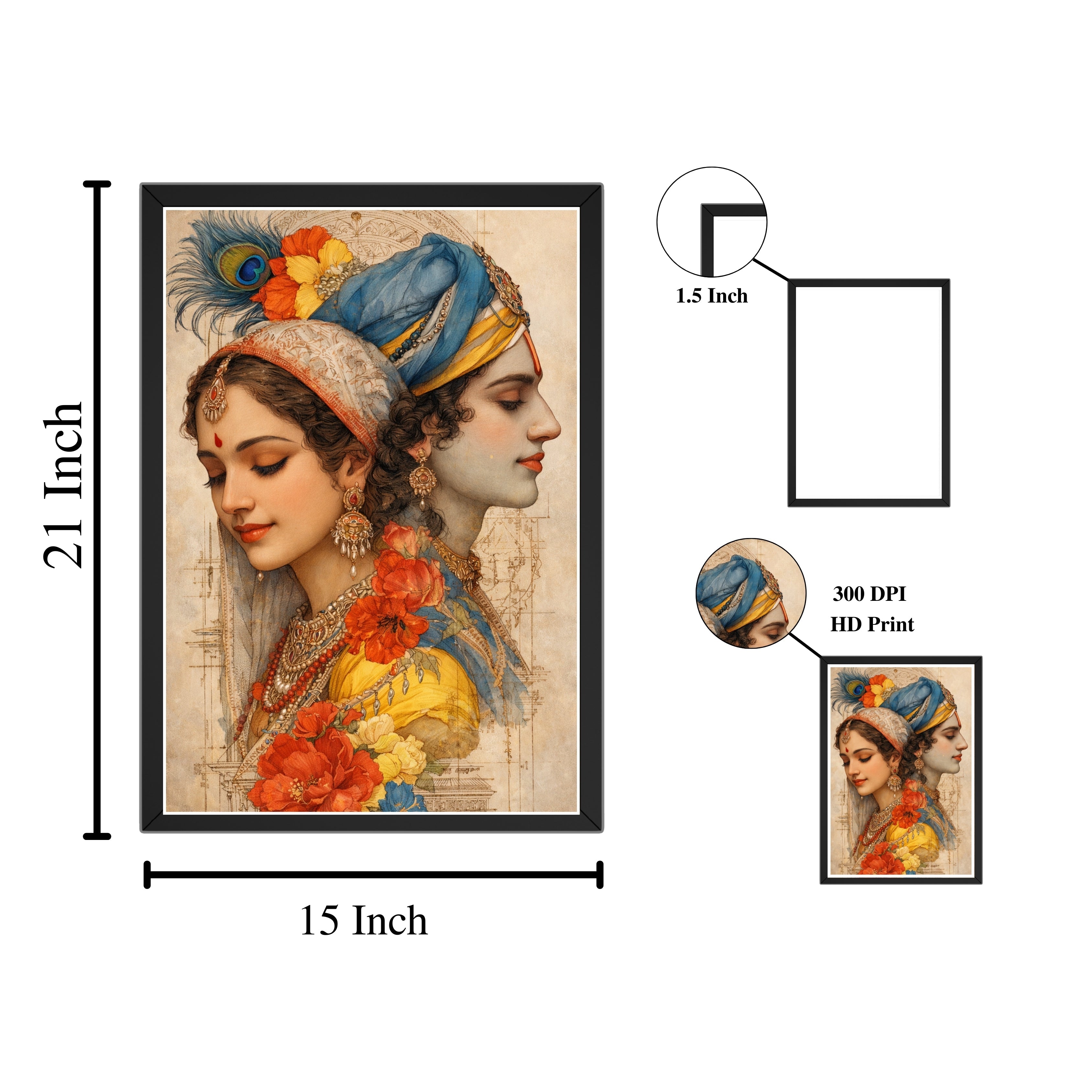 Radha Krishna Elegant Art Frame – Premium Spiritual Wall Décor (15×21 Inch, 300 DPI HD Print) Turagstudio