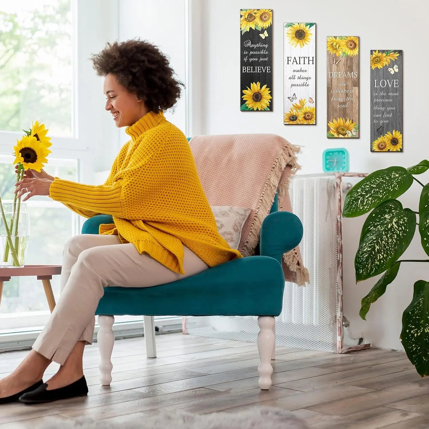 Sunflower Quote Wall Décor – Faith, Love & Dreams Inspirational Mdf Panels Turagstudio