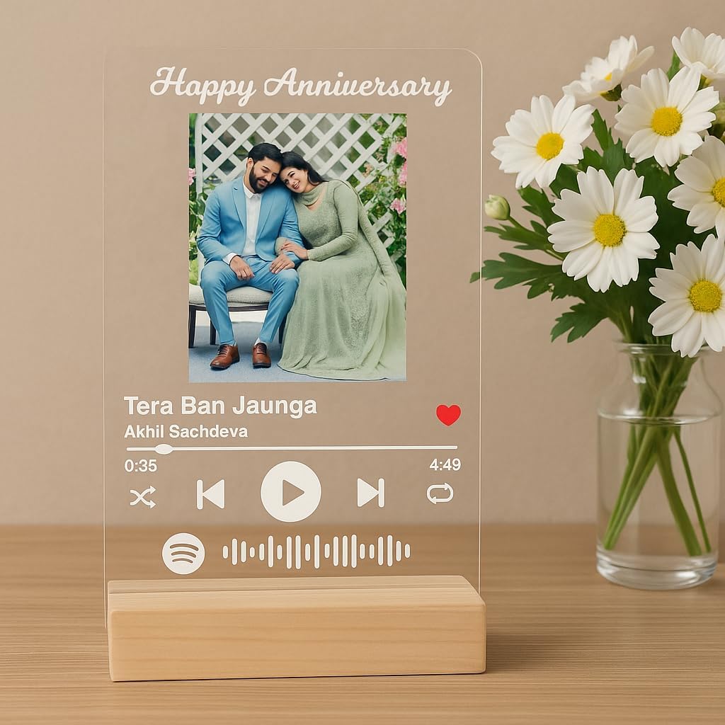 Personalized Spotify Plaque with Photo & Song – Custom Acrylic Music Frame with Wooden Base, Anniversary Gift for Couple, Romantic Valentine Gift, Customized Photo Song Plaque with QR Code