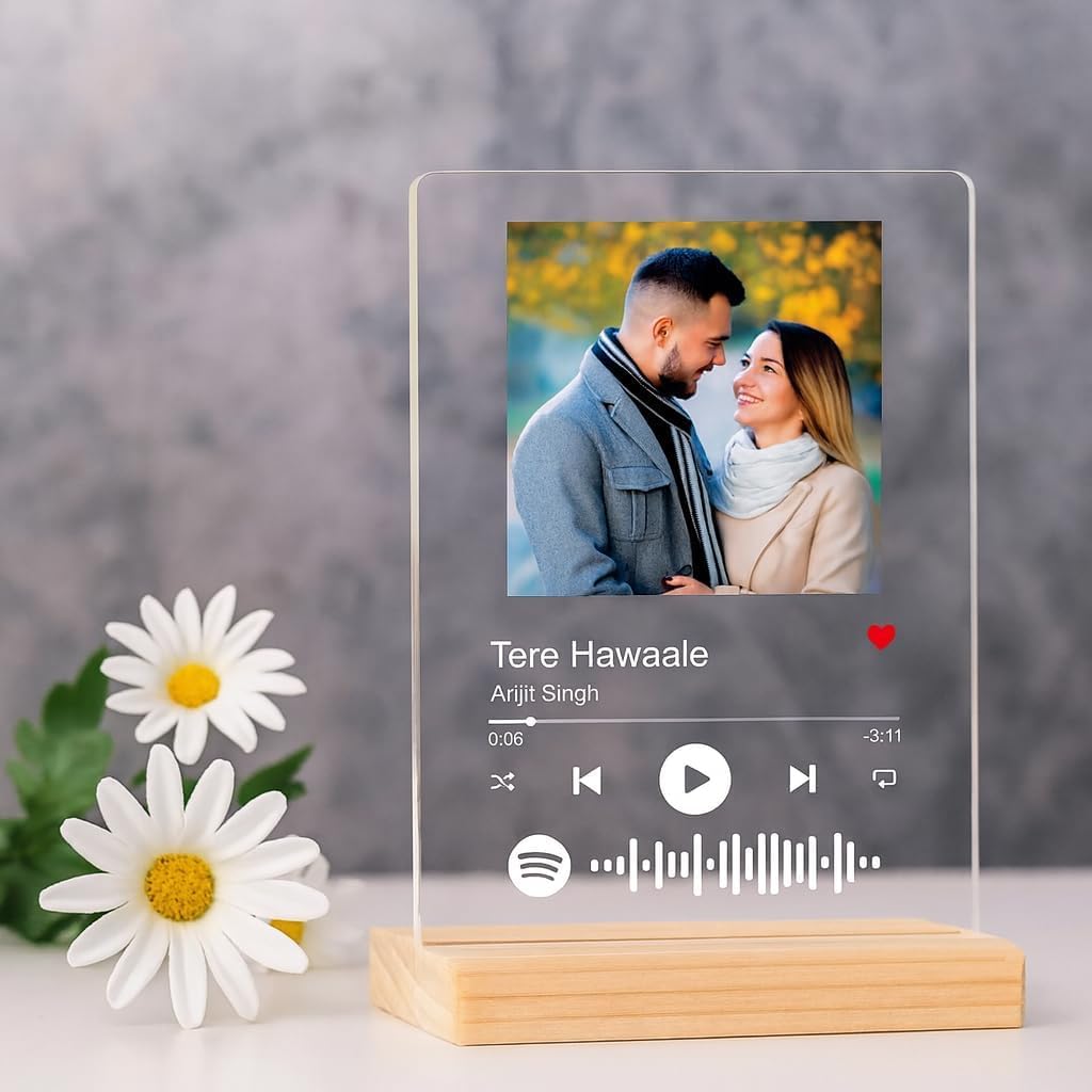 Personalized Spotify Plaque with Photo & Song – Custom Acrylic Music Frame with Wooden Base, Anniversary Gift for Couple, Romantic Valentine Gift, Customized Photo Song Plaque with QR Code