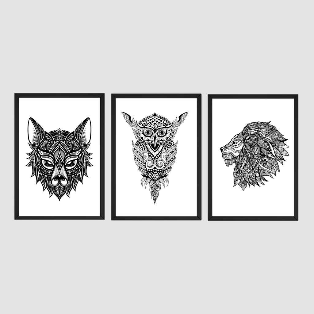 Mandala Animal Wall Art Frame Set (3 Panels) – Wolf, Owl & Lion Illustration, 9×13 Inch