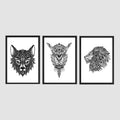 Mandala Animal Wall Art Frame Set (3 Panels) – Wolf, Owl & Lion Illustration, 9×13 Inch